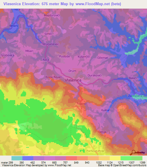Vlasenica,Bosnia and Herzegovina Elevation Map
