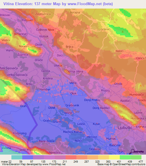 Vitina,Bosnia and Herzegovina Elevation Map
