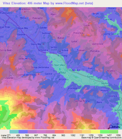 Vitez,Bosnia and Herzegovina Elevation Map