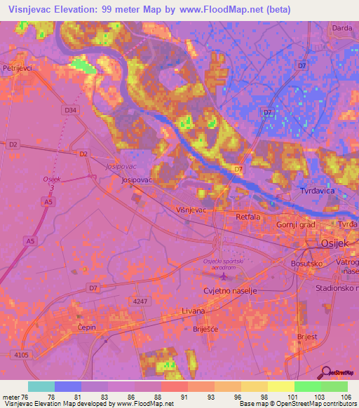 Visnjevac,Croatia Elevation Map