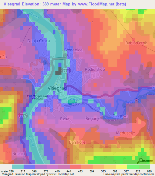 Visegrad,Bosnia and Herzegovina Elevation Map