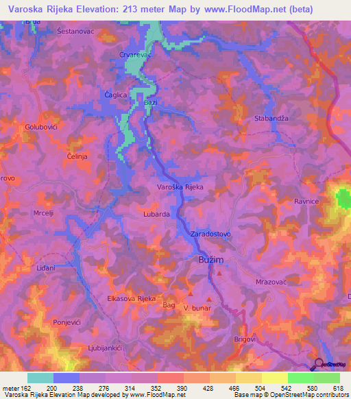 Varoska Rijeka,Bosnia and Herzegovina Elevation Map