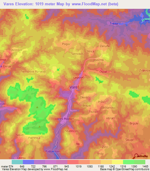 Vares,Bosnia and Herzegovina Elevation Map
