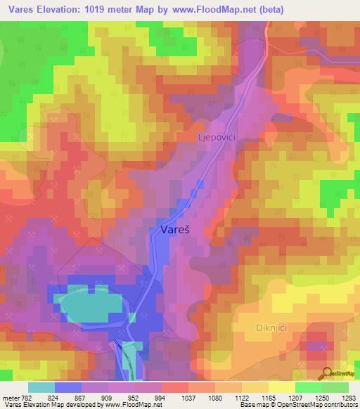 Vares,Bosnia and Herzegovina Elevation Map