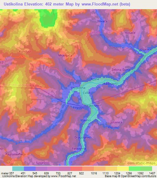 Ustikolina,Bosnia and Herzegovina Elevation Map