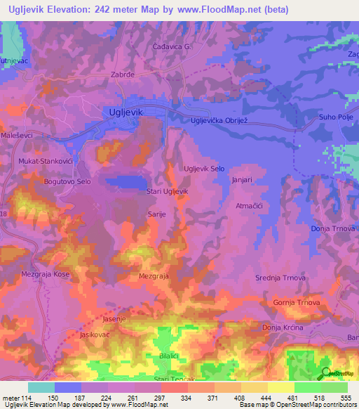 Ugljevik,Bosnia and Herzegovina Elevation Map