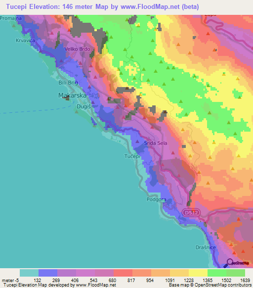 Tucepi,Croatia Elevation Map