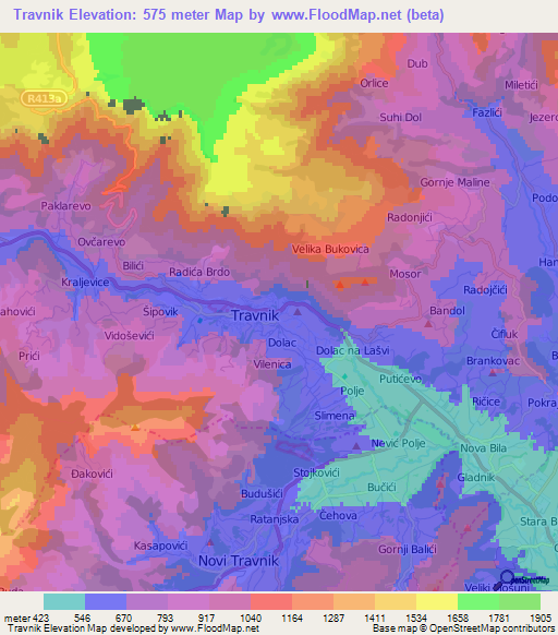 Travnik,Bosnia and Herzegovina Elevation Map