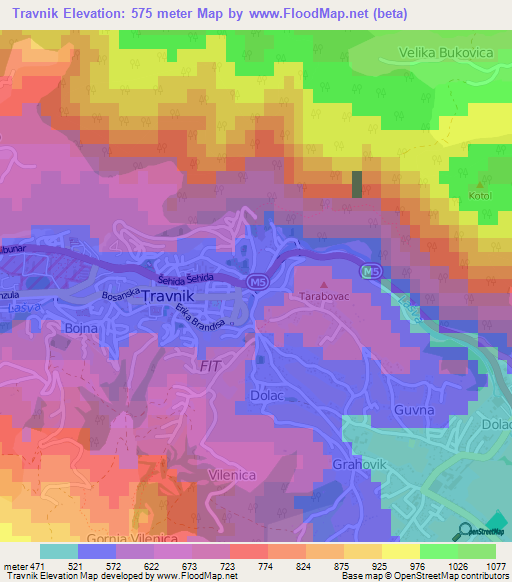 Travnik,Bosnia and Herzegovina Elevation Map