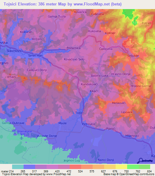 Tojsici,Bosnia and Herzegovina Elevation Map