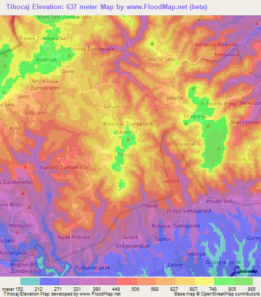 Tihocaj,Croatia Elevation Map