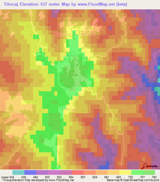 Tihocaj,Croatia Elevation Map