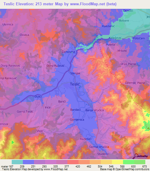 Teslic,Bosnia and Herzegovina Elevation Map