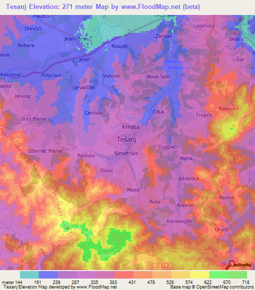Tesanj,Bosnia and Herzegovina Elevation Map