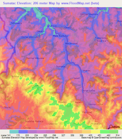 Sumatac,Bosnia and Herzegovina Elevation Map