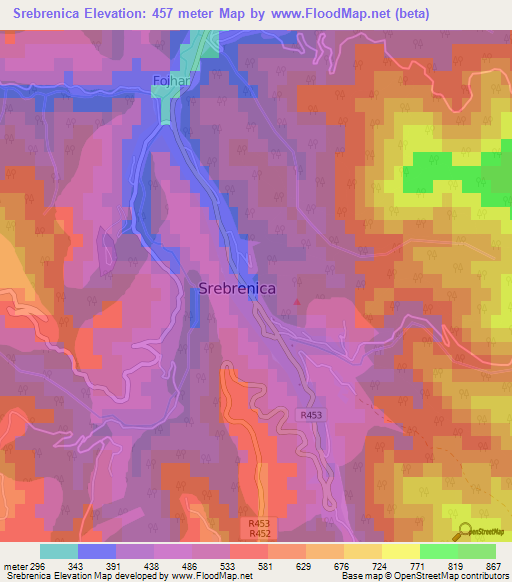 Srebrenica,Bosnia and Herzegovina Elevation Map