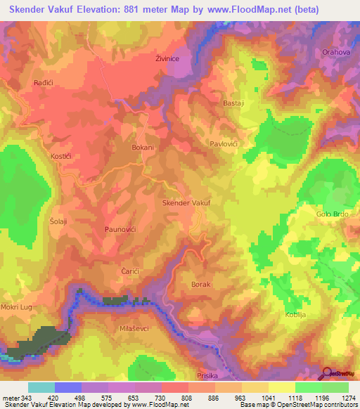 Skender Vakuf,Bosnia and Herzegovina Elevation Map
