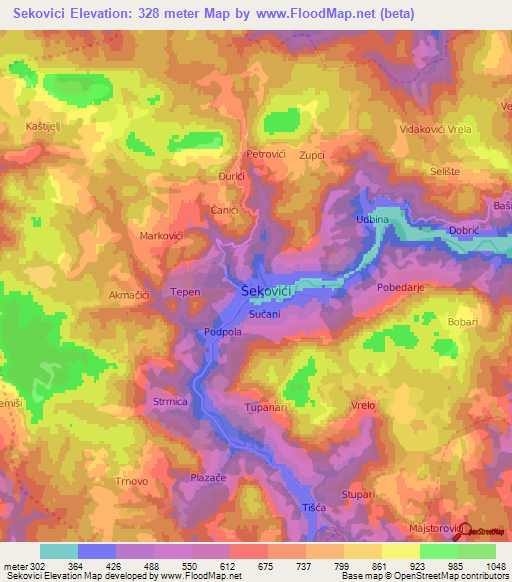 Sekovici,Bosnia and Herzegovina Elevation Map