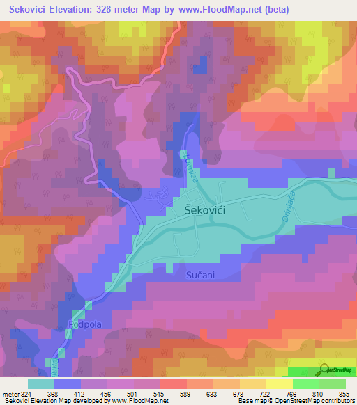 Sekovici,Bosnia and Herzegovina Elevation Map