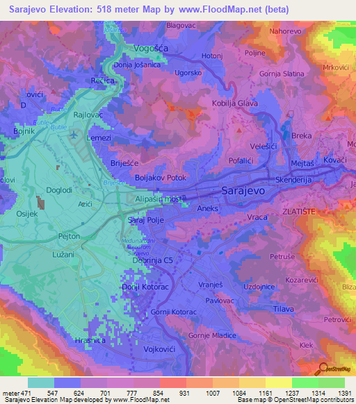 Sarajevo,Bosnia and Herzegovina Elevation Map