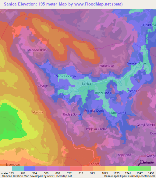 Sanica,Bosnia and Herzegovina Elevation Map