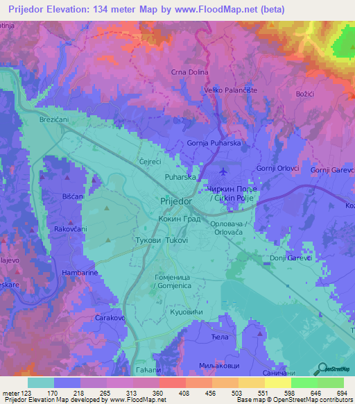 Prijedor,Bosnia and Herzegovina Elevation Map