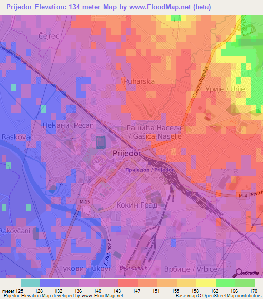 Prijedor,Bosnia and Herzegovina Elevation Map
