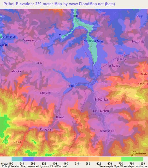 Priboj,Bosnia and Herzegovina Elevation Map