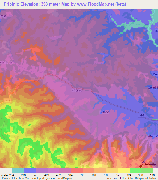 Pribinic,Bosnia and Herzegovina Elevation Map