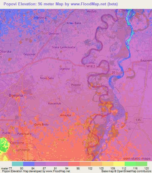 Popovi,Bosnia and Herzegovina Elevation Map