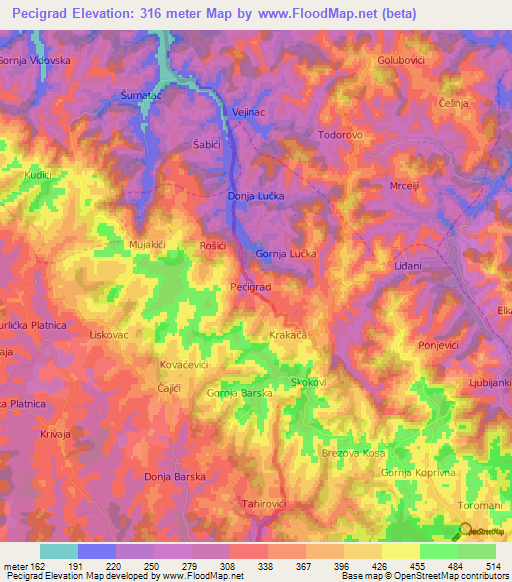Pecigrad,Bosnia and Herzegovina Elevation Map