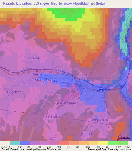 Pazaric,Bosnia and Herzegovina Elevation Map