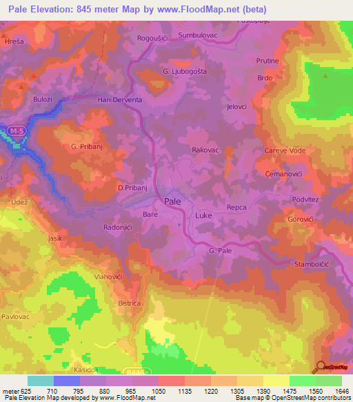 Pale,Bosnia and Herzegovina Elevation Map