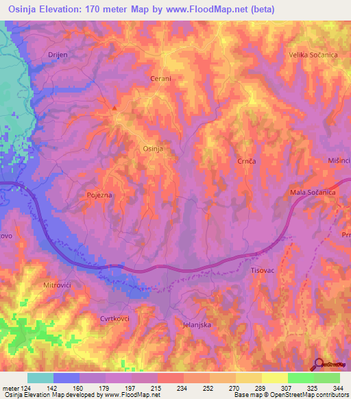 Osinja,Bosnia and Herzegovina Elevation Map