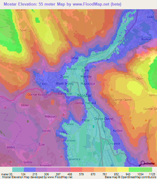 Mostar,Bosnia and Herzegovina Elevation Map