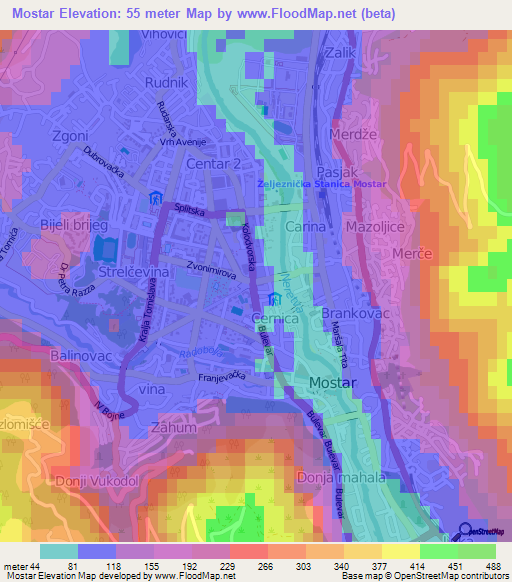 Mostar,Bosnia and Herzegovina Elevation Map