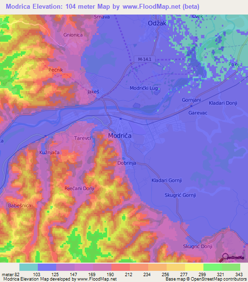 Modrica,Bosnia and Herzegovina Elevation Map