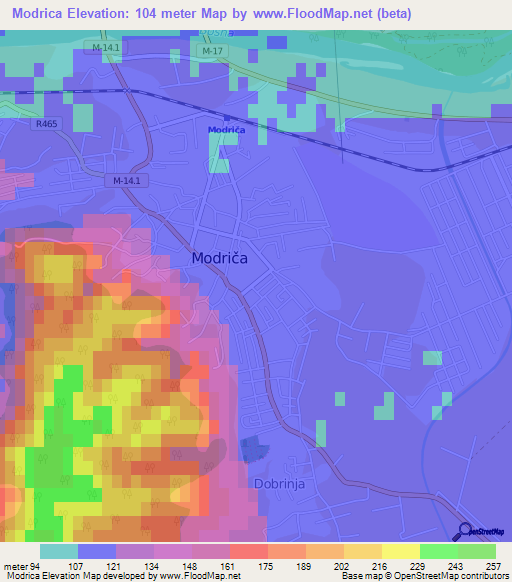 Modrica,Bosnia and Herzegovina Elevation Map