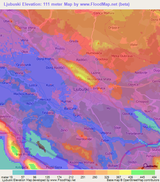 Ljubuski,Bosnia and Herzegovina Elevation Map