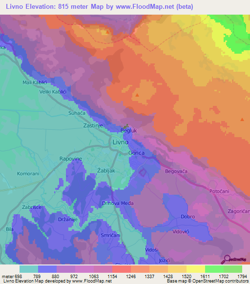 Livno,Bosnia and Herzegovina Elevation Map