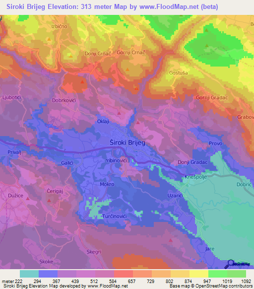Siroki Brijeg,Bosnia and Herzegovina Elevation Map
