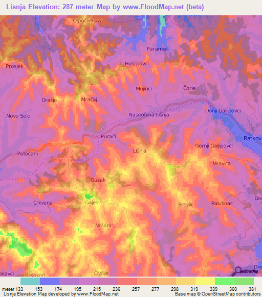 Lisnja,Bosnia and Herzegovina Elevation Map
