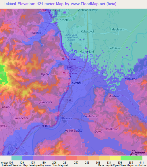 Laktasi,Bosnia and Herzegovina Elevation Map