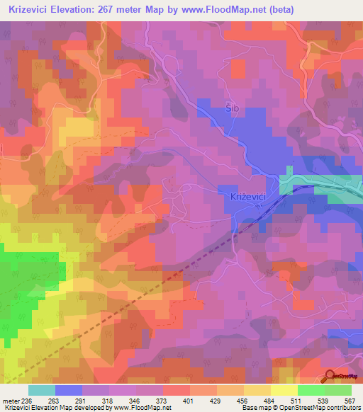 Krizevici,Bosnia and Herzegovina Elevation Map