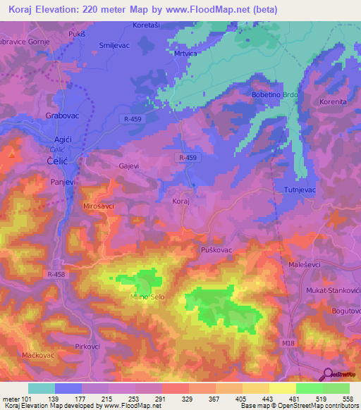 Koraj,Bosnia and Herzegovina Elevation Map