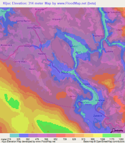 Kljuc,Bosnia and Herzegovina Elevation Map