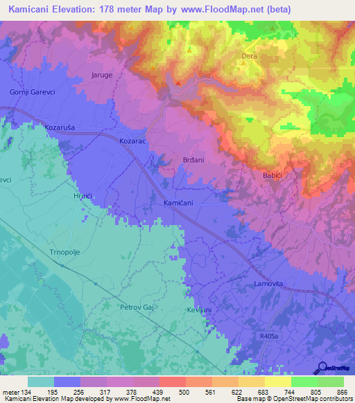 Kamicani,Bosnia and Herzegovina Elevation Map
