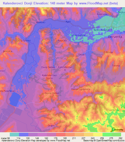Kalenderovci Donji,Bosnia and Herzegovina Elevation Map