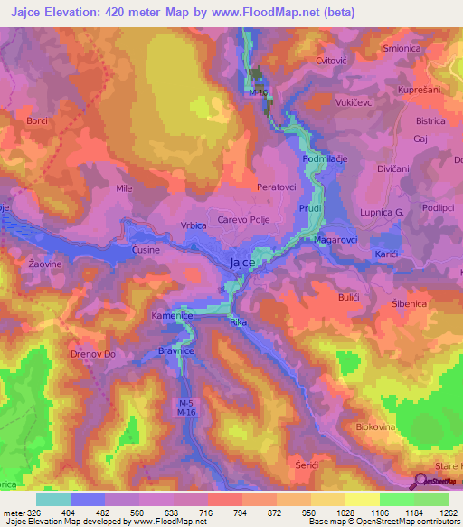 Jajce,Bosnia and Herzegovina Elevation Map