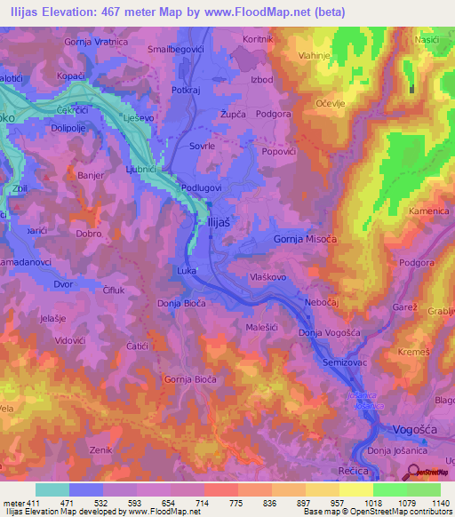 Ilijas,Bosnia and Herzegovina Elevation Map